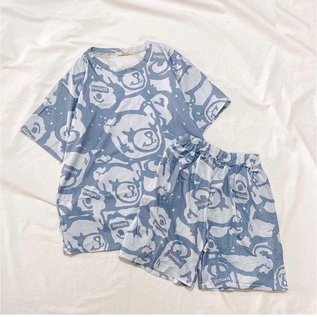 Set gấu xanh senseless unisex  Nana's House - FREESHIP  Bộ áo phông tay lỡ oversize mix quần đùi suông basic