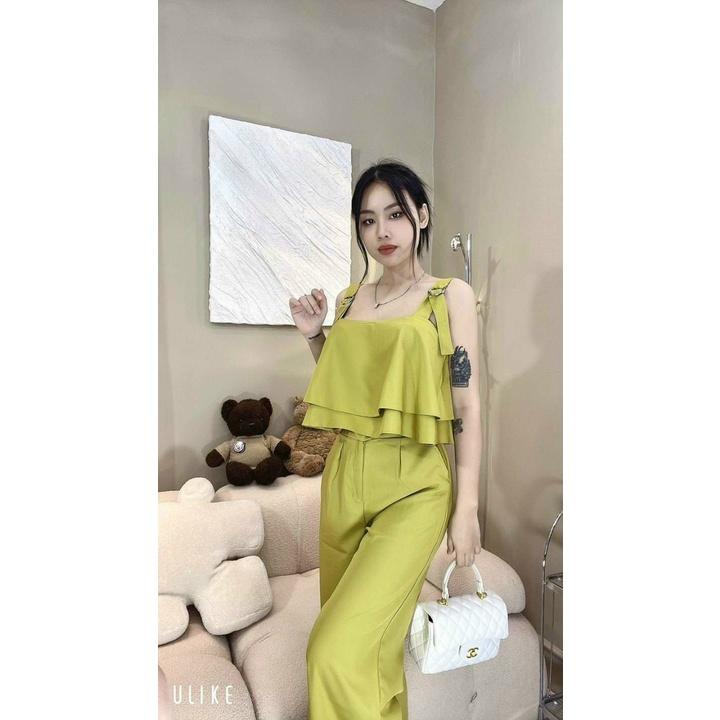 SET 2 MÓN ÁO 2 DÂY BẢN TO CROPTOP BÈO MIX QUẦN SUÔNG ỐNG RỘNG CỰC NỮ TÍNH CHO CÁC NÀNG IU NHÀ MEOWSHOP - Hồng đậm