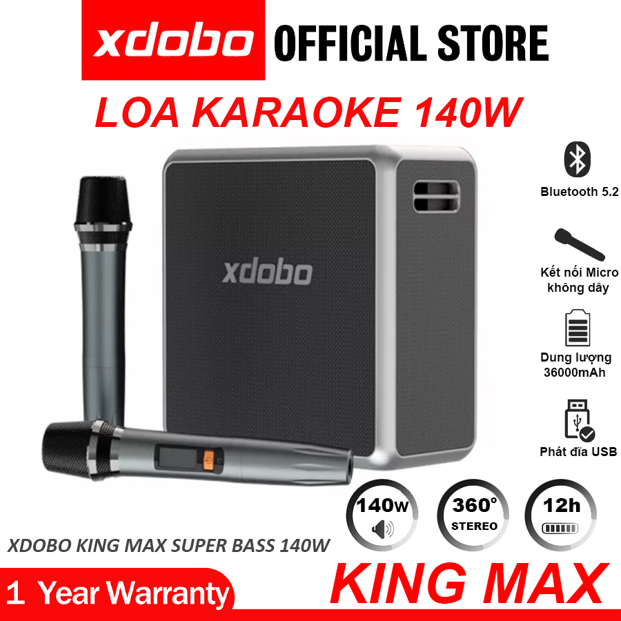 Loa Karaoke Bluetooth 5.2 Xdobo King Max, Loa Di Động Công Suất 140W, Chống nước IPX 5 Pin dung Lượng 36000mAh, Hoạt Động 12H, Hỗ trợ Thẻ TF, USB, AUX, TWS - Hàng chính hãng