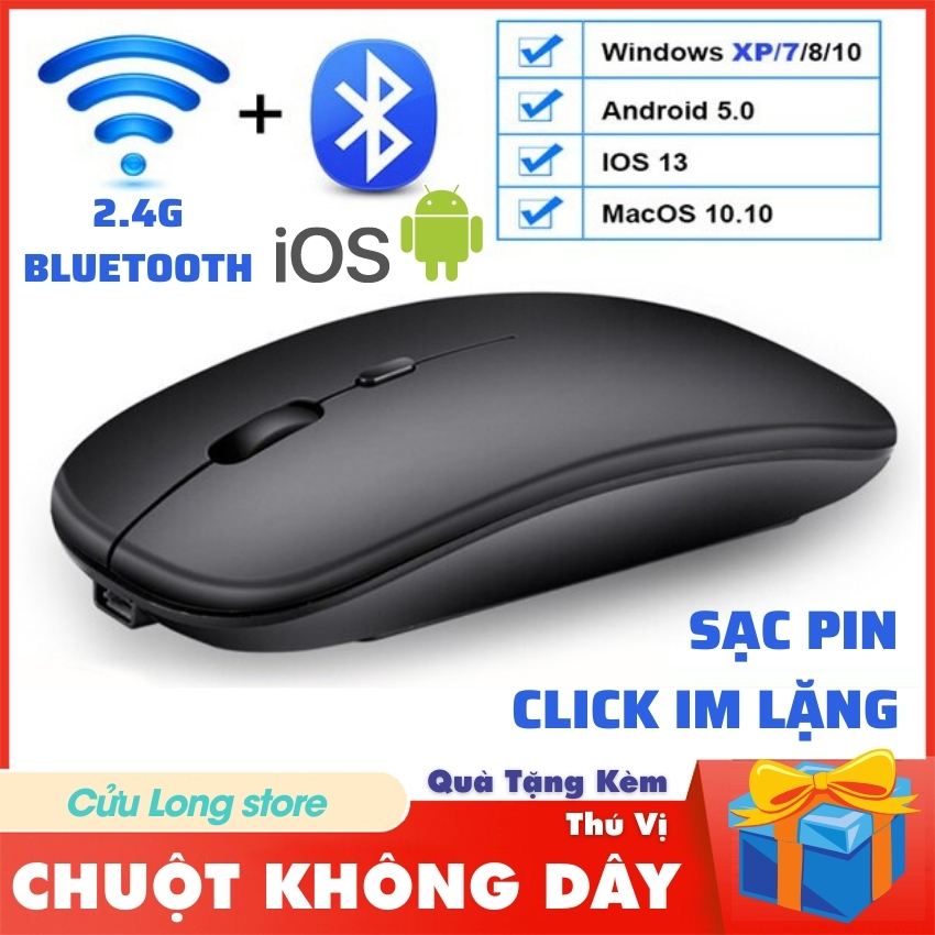 Chuột Không Dây Máy Tính Bluetooth 5.0 wireless 2.4G sạc pin mute click im lặng kết nối điện thoại chuột ko dây văn phòng đẹp sang trọng