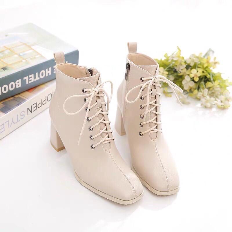 Bốt nữ cao gót, khóa sau mix dây buộc style xứ Hàn - Thời Trang PKT