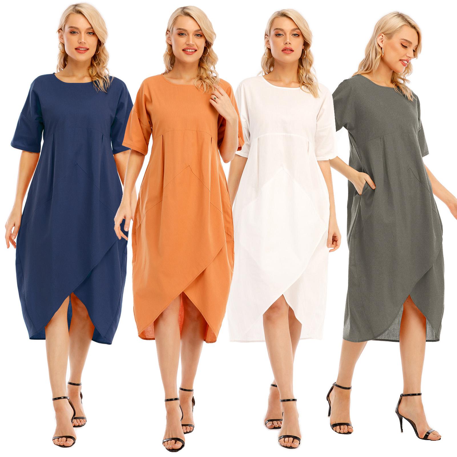 Fashion Women Dress O Neck Short Sleeve High Waist Asymmetrical Hem Pockets Casual Loose Dress