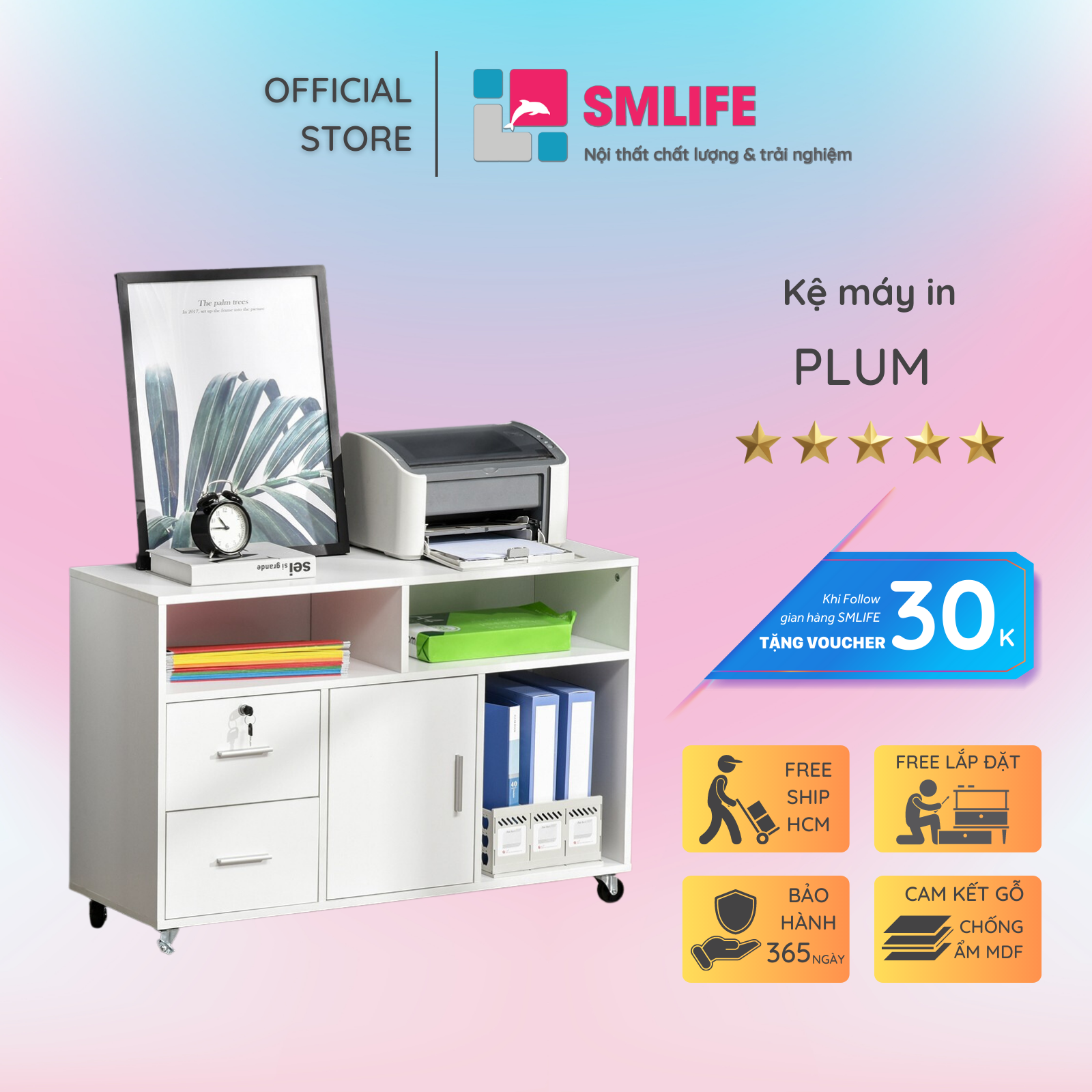 Kệ để máy in gỗ hiện đại SMLIFE Plum | Gỗ MDF dày 17mm chống ẩm | D100xR35xC71cm