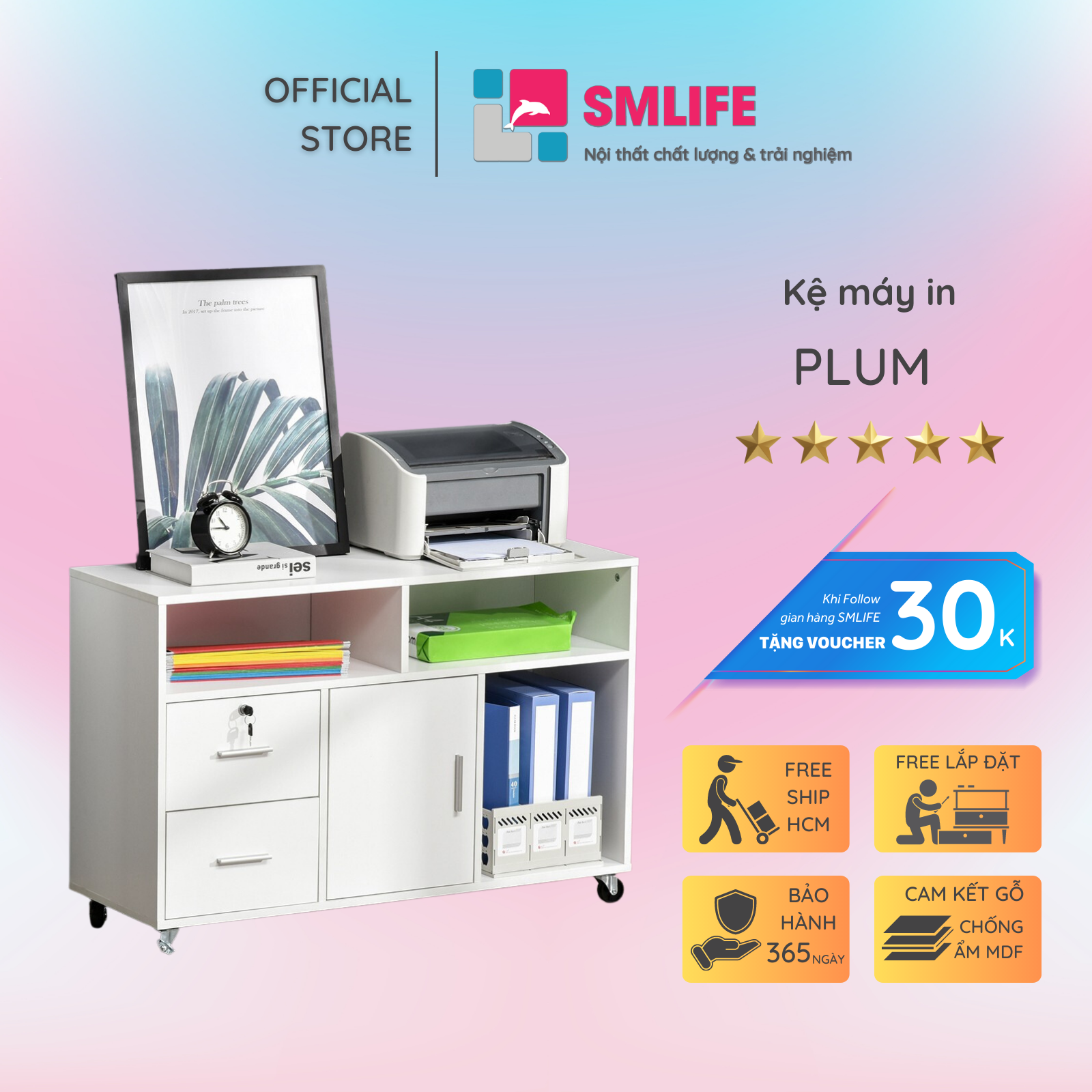 Kệ để máy in gỗ hiện đại SMLIFE Plum  | Gỗ MDF dày 17mm chống ẩm | D100xR35xC71cm