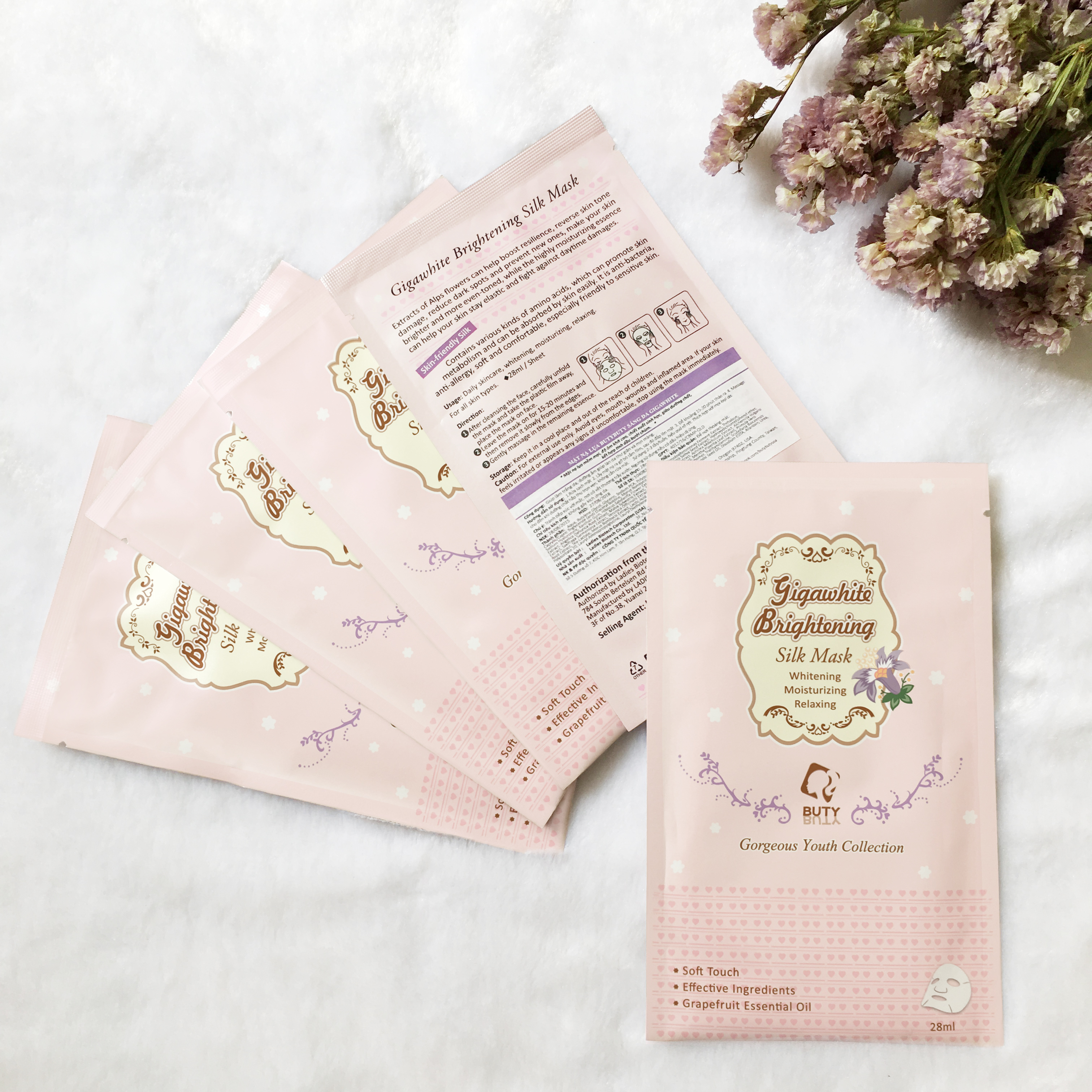 Bộ 5 miếng Mặt nạ lụa BUTYBUTY sáng da Gigawhite 28ml Combo 5 sheets BUTYBUTY Gigawhite Brightening Silk Mask 28ml