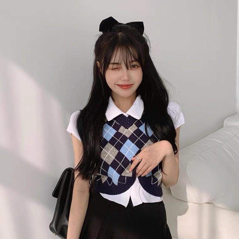 Set áo polo mix gile crotop kẻ caro Ulzzang 2021