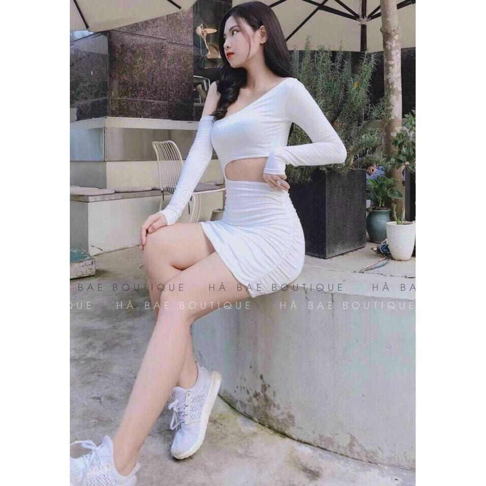 Đầm body tay dài lệch vai khoét eo sexy sang chảnh
