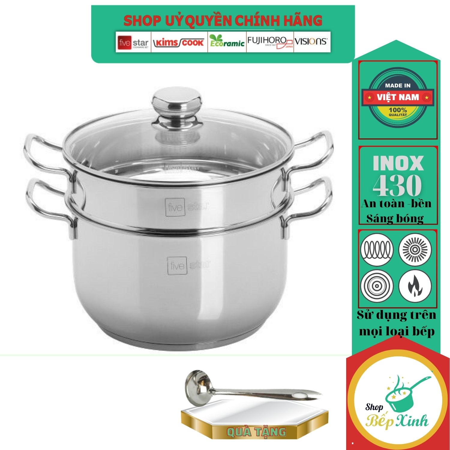 Bộ nồi xửng hấp 3 đáy inox 430 FiveStar Standard nắp kính tặng 1 muỗng canh