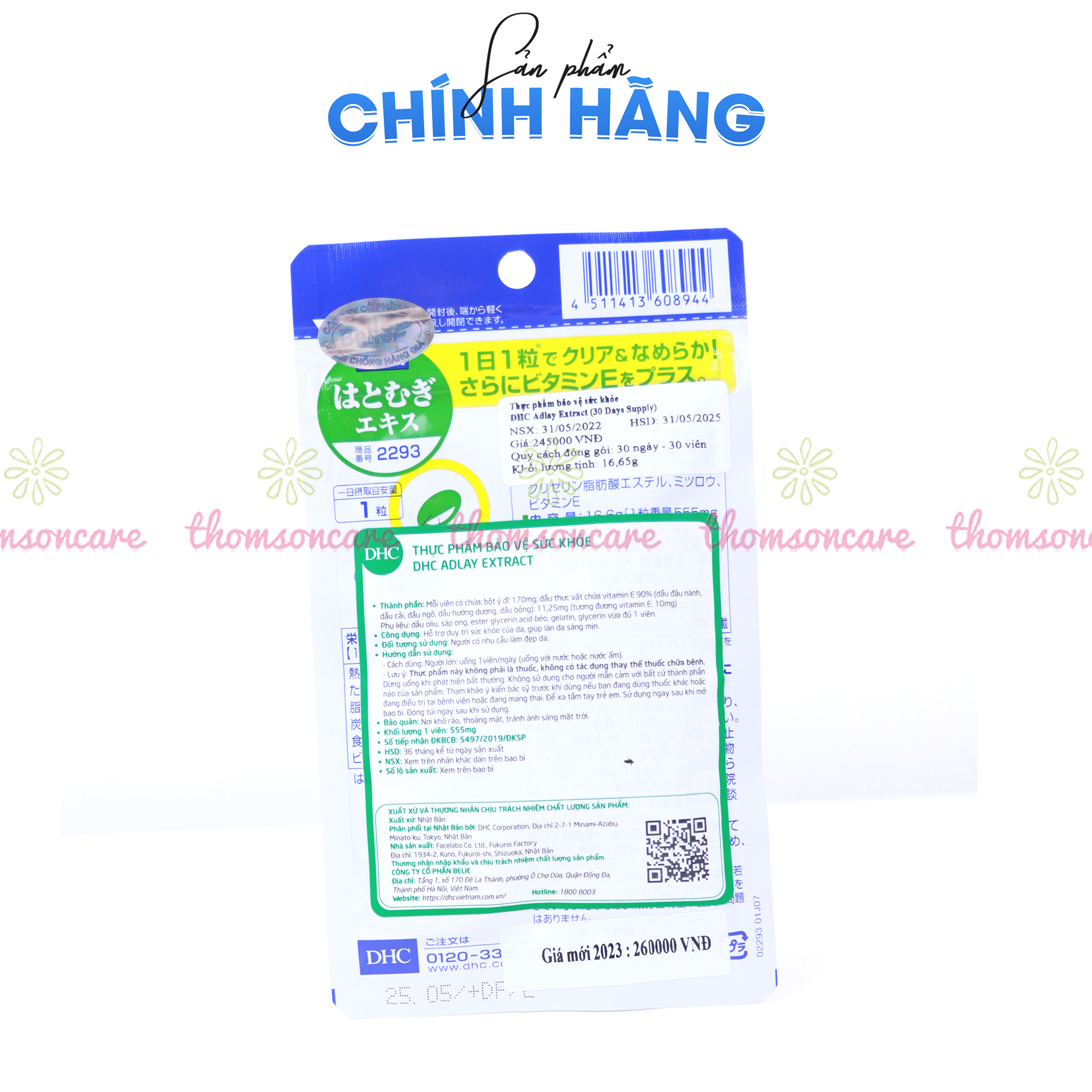 Combo viên uống sáng da tóc chắc khỏe LCystine 60v và DHC Adlay 30v duy trì làn da mềm mại , bổ sung dưỡng chất da và tóc , hạn chế lão hóa da chiết suất từ hạt y dĩ và l cystine- Thomsoncare