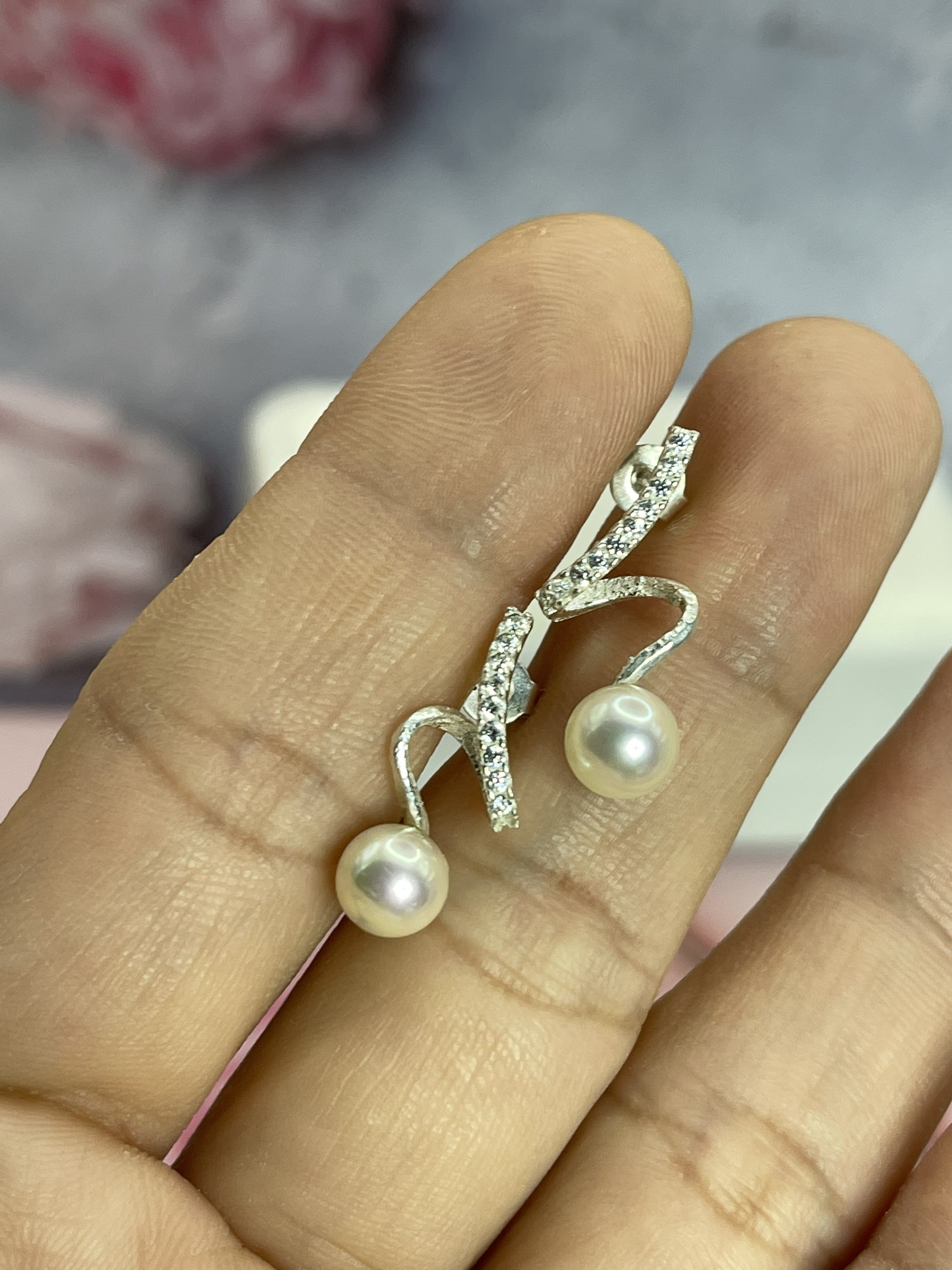 Hoa tai Bạc 925 xi Kim và Trai biển Akoya