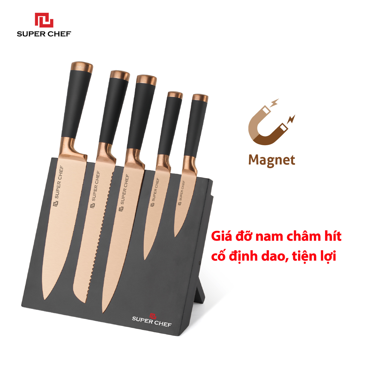 Bộ Dao Bếp Mạ Titan (5 cái) Cao Cấp Chính Hãng Super Chef Bằng Thép Không Gỉ, An Toàn Sức Khỏe, Sắc Bén, Siêu Bền Bỉ Lâu Cùn,Đa Năng Siêu Tiện Lợi Kèm Theo Giá Đỡ Dao Sang Trọng