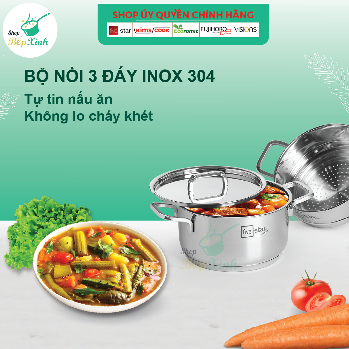 Bộ nồi xửng hấp inox 304 Fivestar Plush 3 đáy bếp từ nắp inox