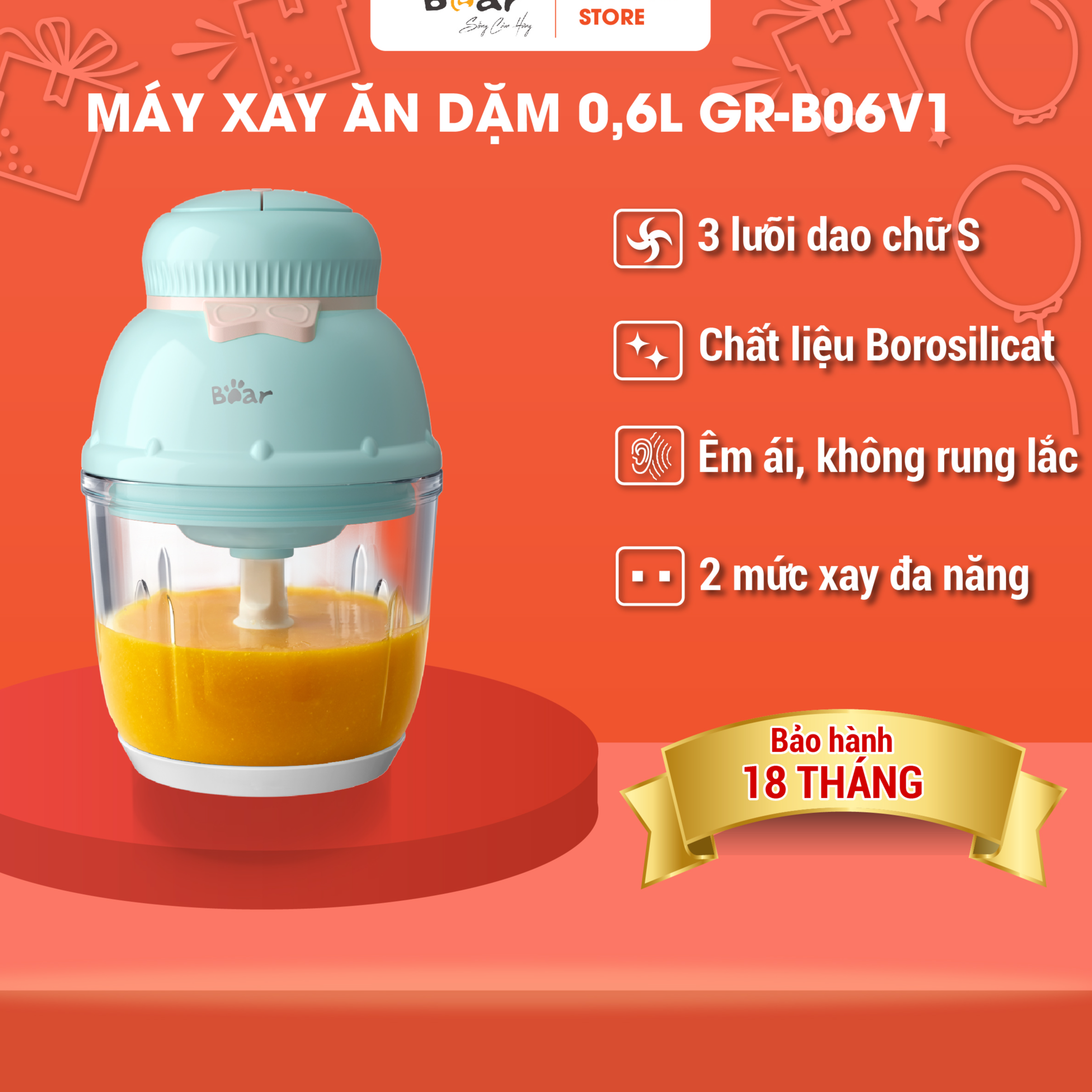 Máy xay ăn dặm 0,6L Bear B06V1 đa năng, tiện sử dụng làm món ăn cho bé - Hàng Chính Hãng