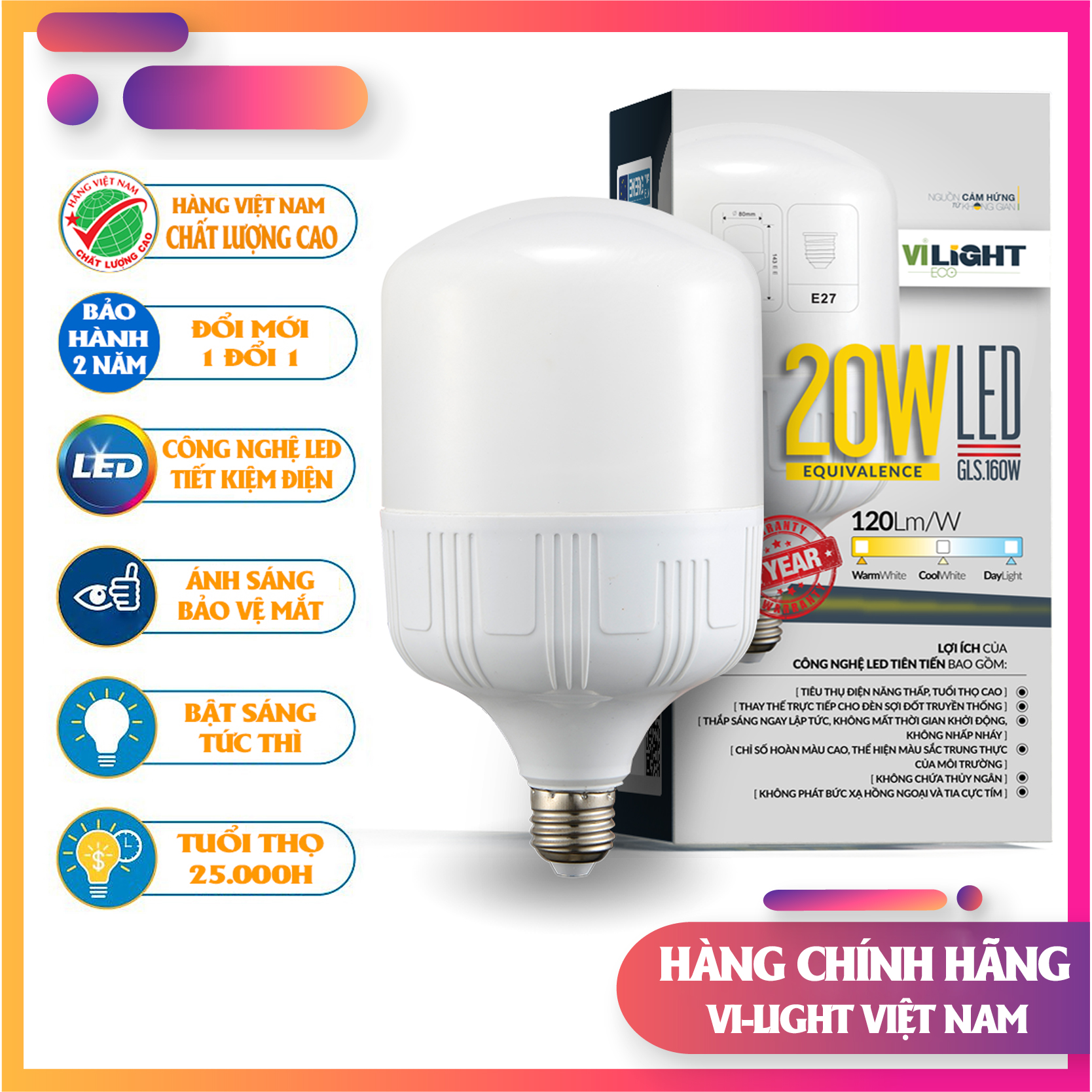 Bóng đèn LED Bulb 20W Vi-Light thân nhựa ánh sáng trắng