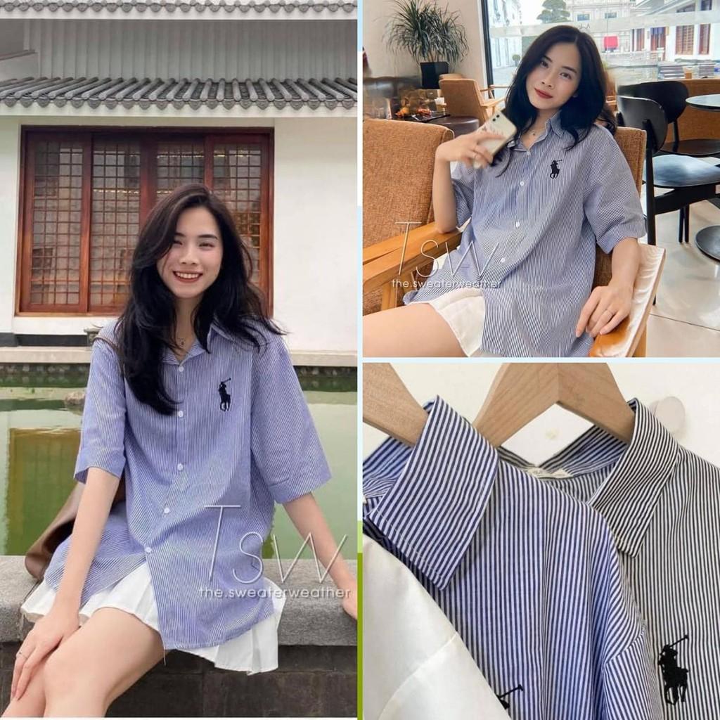 ÁO SƠ MI Nữ THÊU - Áo sơ mi kẻ cộc tay lỡ thêu hình