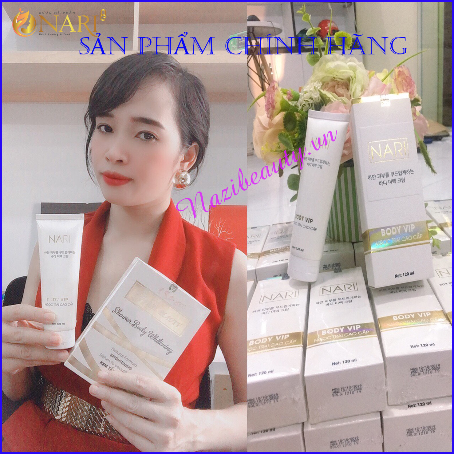 Body vip ngọc trai cao cấp kem dưỡng da toàn thân Nari giúp sáng mịn căng bóng khỏe manh từ sâu bên trong không bết rít , bờ vân kem Tuýp 120 ml