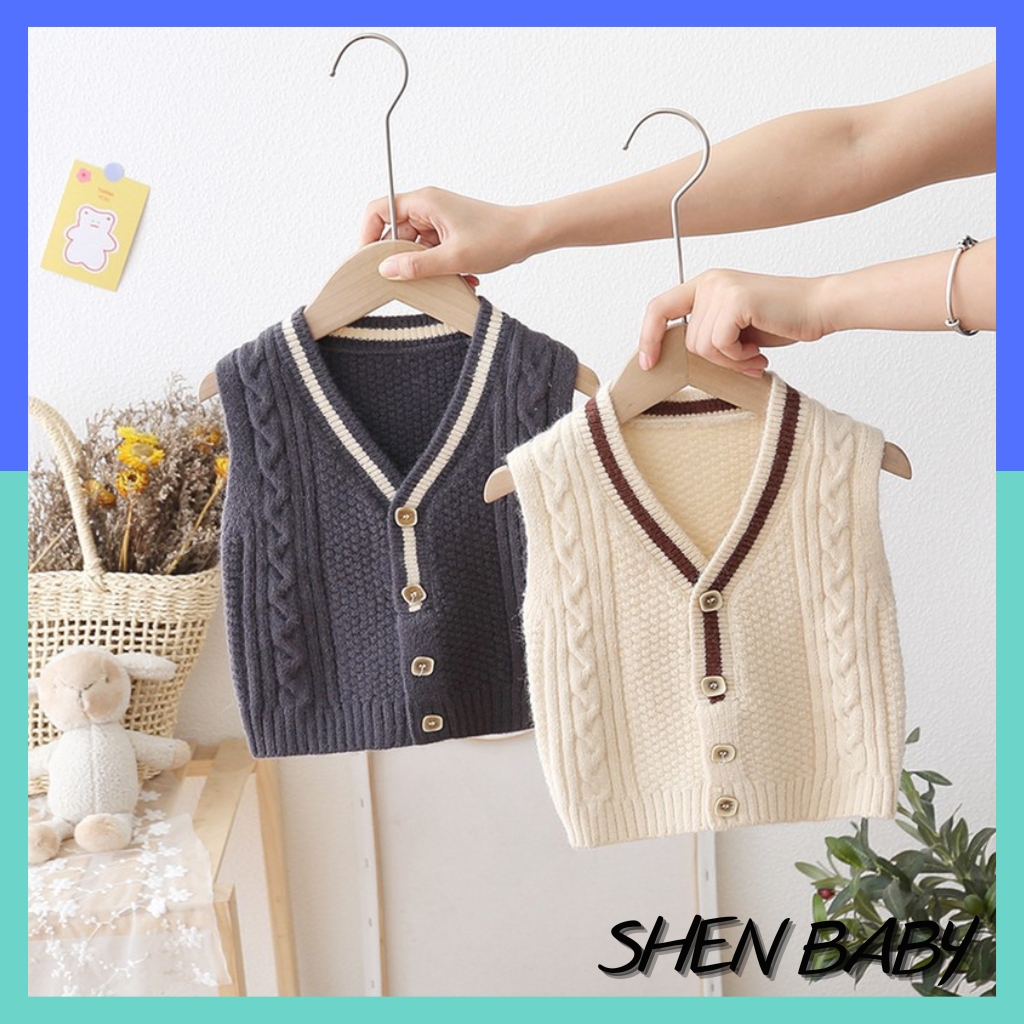 Áo gile len dệt kim phối viền cổ mùa thu đông cho bé phong cách Hàn Quốc Mimo Baby QA55