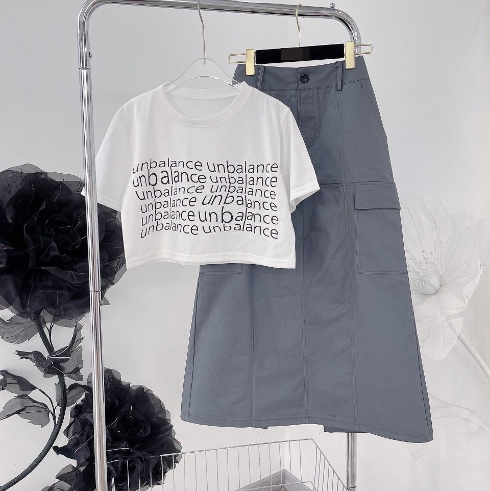 CHÂN VÁY DÀI MIDI TÚI HỘP XẺ SAU SUÔNG TRƠN + ÁO THUN CROPTOP TAY NGẮN ĐI TIỆC ĐI CHƠI DẠO PHỐ ĐI BIỂN