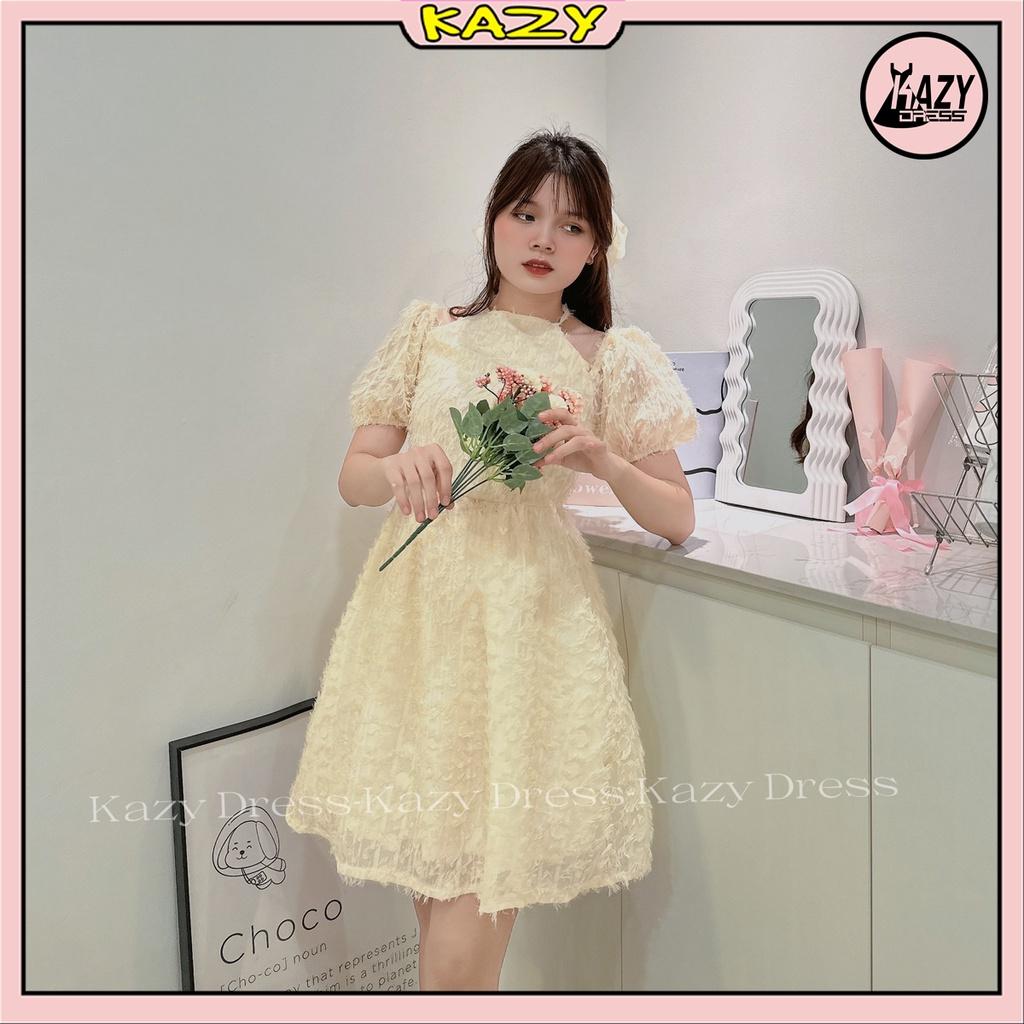 Váy trắng tiểu thư dự tiệc cổ yếm trễ vai tay bồng 2 lớp thêu hoa dáng xinh Hàn Quốc KAZY DRESS V003