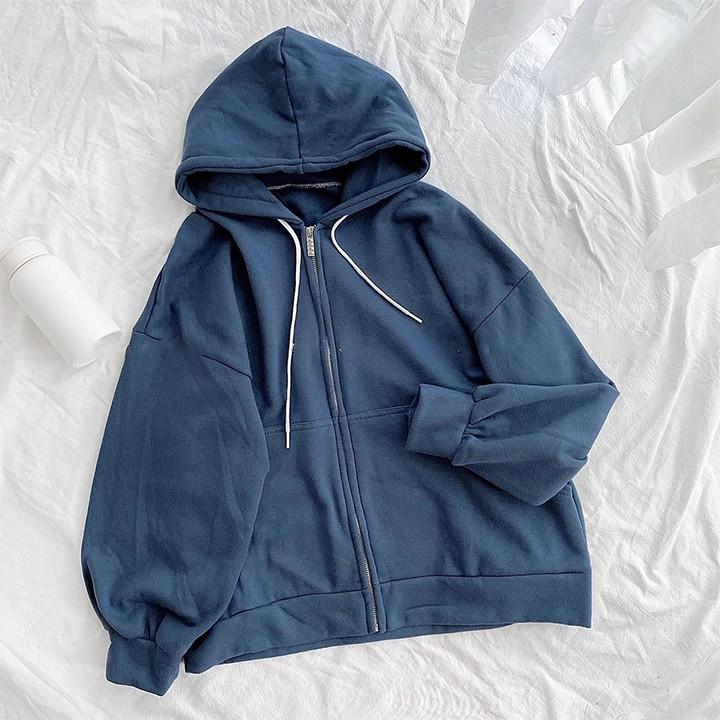 Hình ảnh Áo khoác nữ form rộng hoodie có mũ trơn tay bồng có khóa kéo phong cách Hàn Quốc  Áo khoác nữ mùa đông YiiL K01