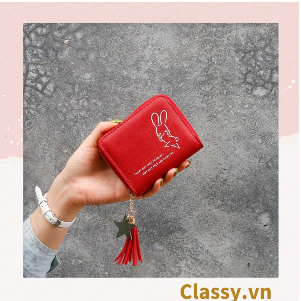 Ví gập nữ Classy mini họa tiết thỏ con, nhiều ngăn đựng thẻ, khóa dây kéo T1306