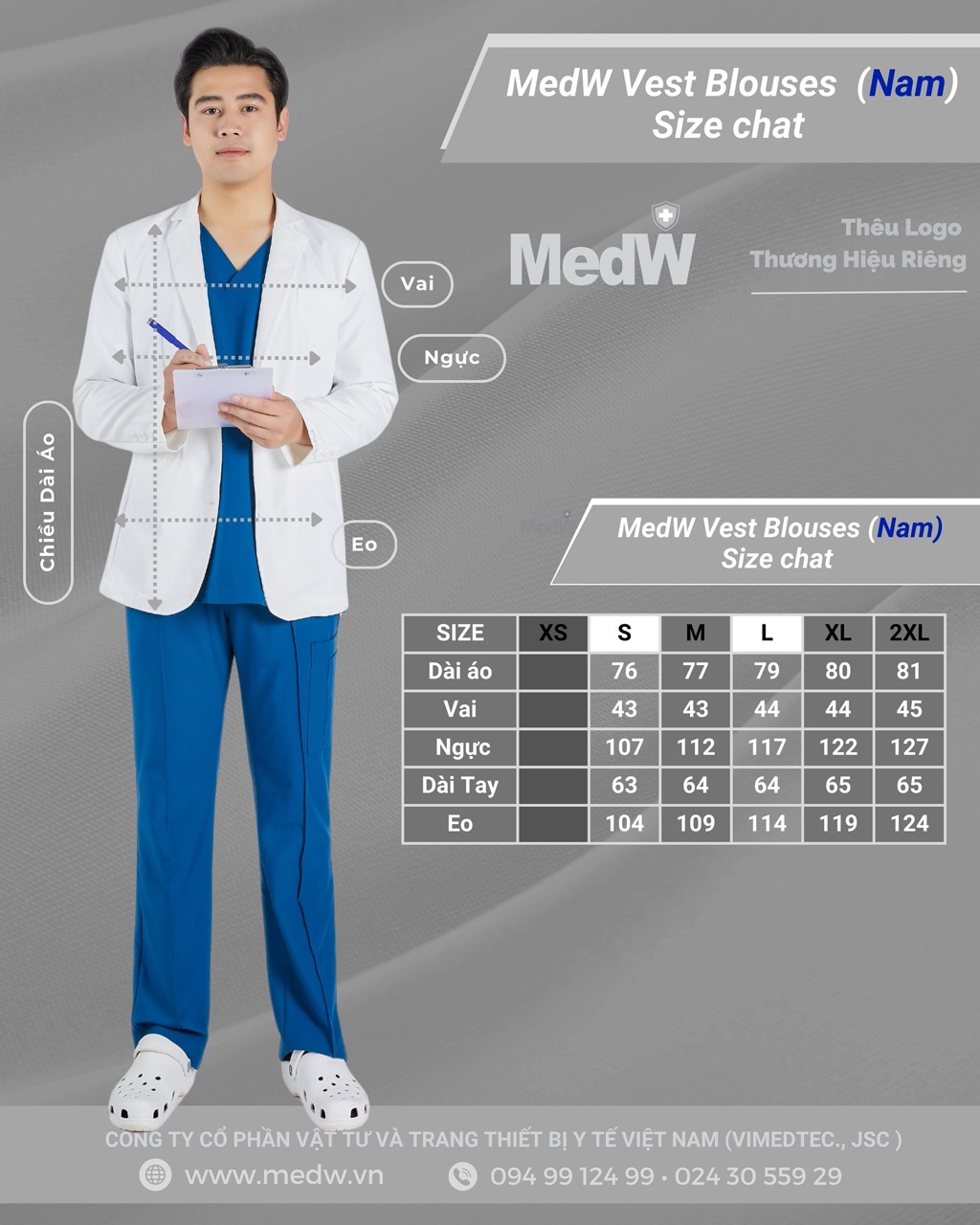 MedW Hermes Vest Lab Coat (Nam) Áo Blouses Vest Bác sĩ Thẩm Mỹ, Spa Trang Phục Y Tế Bộ Trang Phục Y Tế Bác Sĩ,  Thiết Kế Pháp Cách Tân Trang Trọng Thẩm Mỹ, Vật Liệu Y Tế Cotton Nhật Nhập Khẩu Chuyên Biệt Không Bám Dính, Xếp Ly Giữ Dáng 