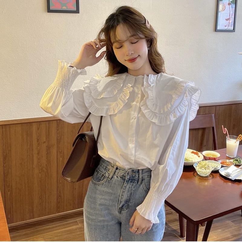 Áo Sơ Mi Trắng Kiểu nữ Công Sở YURITA Dài Tay Bồng Bo Chun From Rộng Cổ Bèo Tầng Tiểu Thư Hàn Quốc UIzzang Vintage