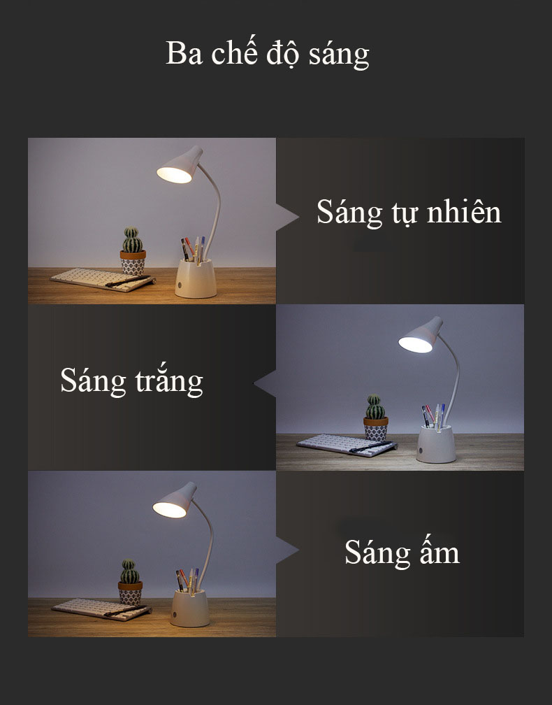 Đèn Bàn Học Đọc Sách LED Chống Cận 03 Chế Độ Ánh Sáng Bảo Vệ Mắt Có Hộp Bút Và Giá Để Điện Thoại eLights