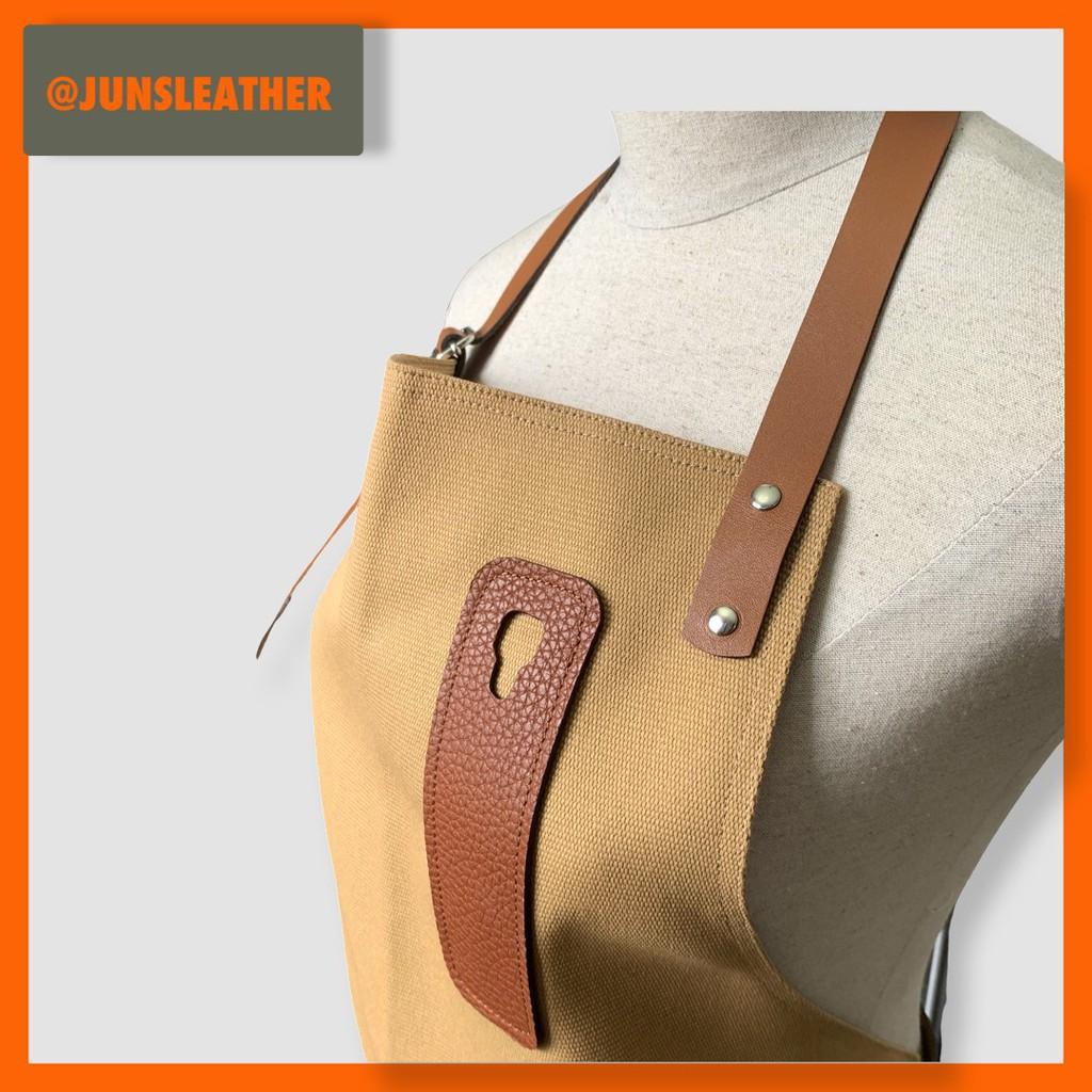 Tạp dề pha chế vải canvas dây da của Junsleather phối da bò cao cấp dành cho Barista/Bartender quán cà phê