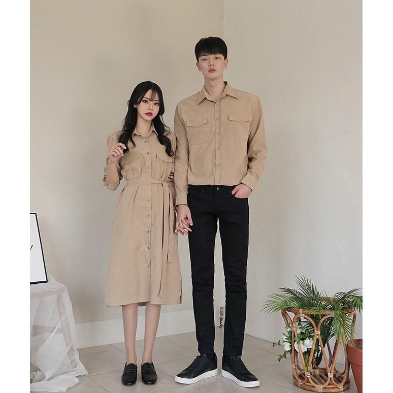 Áo đôi couple nam nữ Set váy nữ Áo sơ mi nam đẹp màu trắng và nâu Hàn Quốc thiết kế cao cấp AV192
