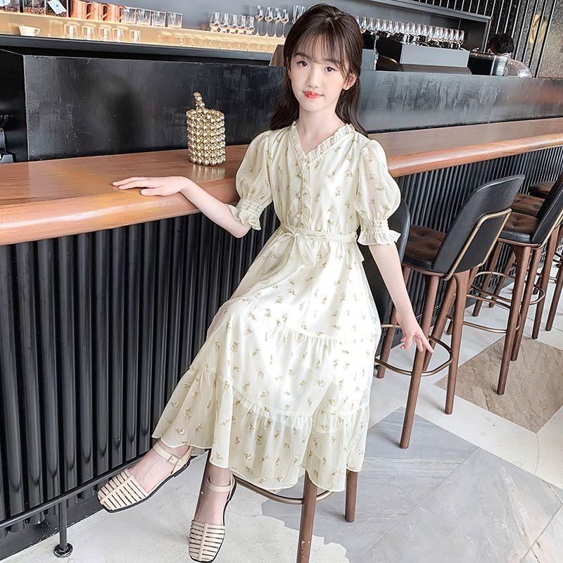 DONGSHOP HOT Váy bé gái mùa hè váy trẻ em hoa chiffon đầm 2023 bé gái lớn cô gái váy mùa hè siêu tiên