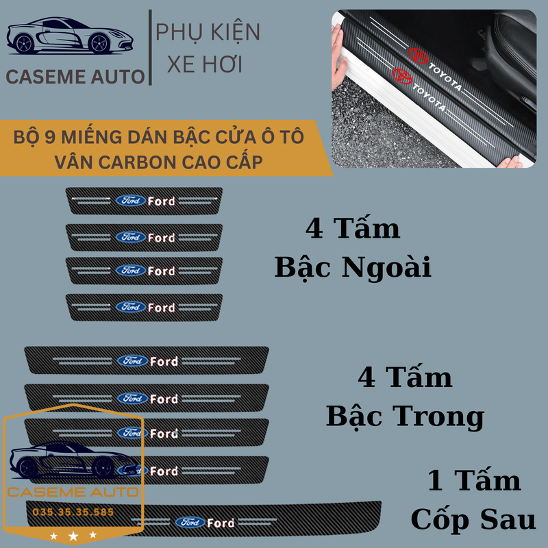 [FORD] Bộ 9 Miếng Dán Vân Carbon Chống Trầy Xước Bậc Cửa Ô Tô Dành Cho Hãng Xe FORD - Hàng Chính Hãng