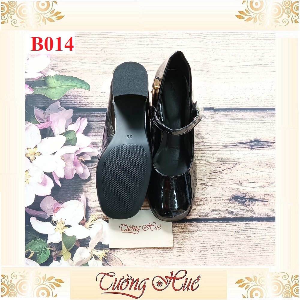 Giày Búp Bê Da Bóng Mũi Vuông Quai Ngang Đính Ngọc Trai Gót Cao 6CM