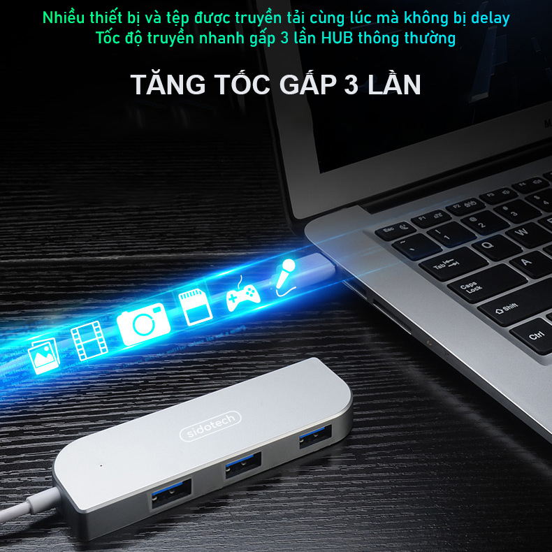 HUB Type C và HUB USB 3.0 tốc độ cao 4 in 1 Sidotech bộ chia cổng usb mở rộng kết nối chuyển đổi cho Macbook Pro Laptop PC máy tính hỗ trợ sạc pin kết nối đa năng ổ cứng bàn phím chuột máy in, thiết bị ổ chia usb - Hàng chính hãng