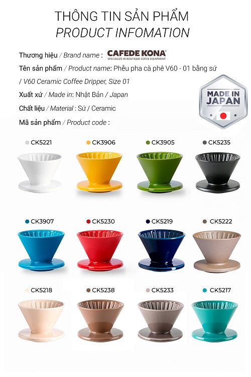 Phễu Pour over V60 01 sứ Hasami Nhật Bản Cafede Kona