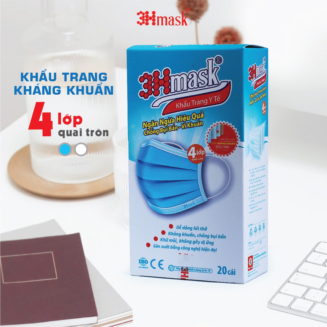 Khẩu Trang 3Hmask 4 Lớp Quai Tròn Xanh (20 cái)