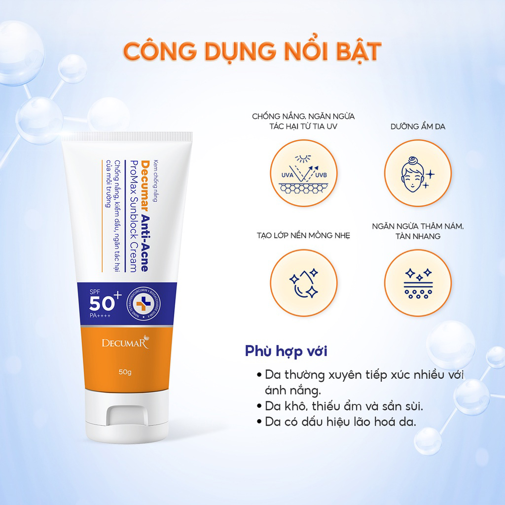 Kem chống nắng ngừa mụn, mờ thâm, ngừa sẹo, tái tạo da Decumar Anti-Acne Promax Sunblock SPF Cream SPF50+ 50g