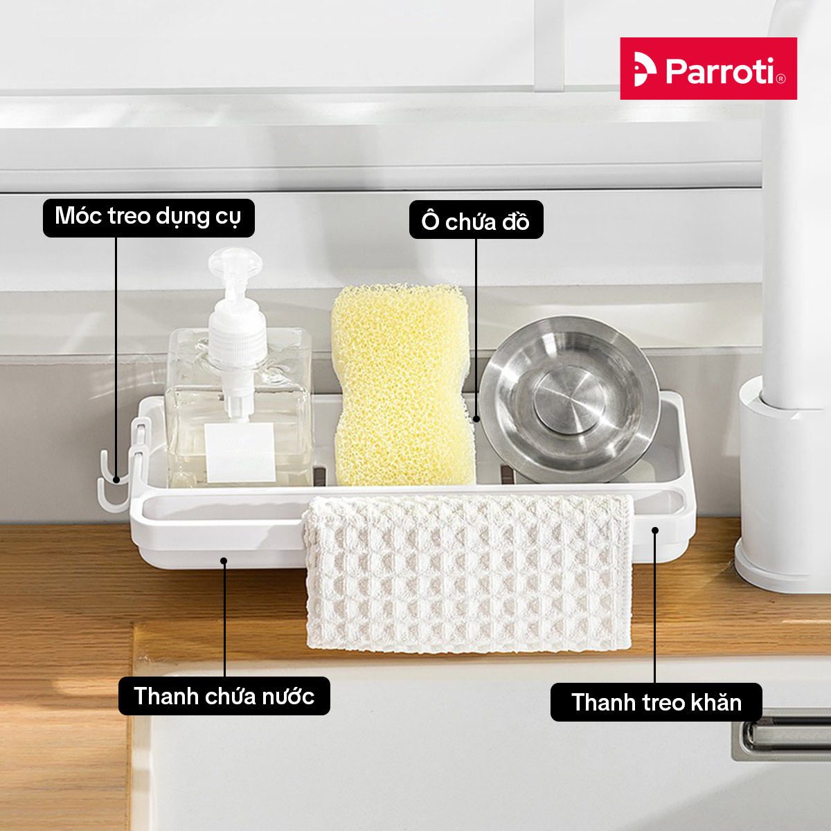 Giỏ đựng đồ rửa chén cao cấp, khay đựng miếng rửa bát, có khay chứa nước - Parroti Tidy - TD31