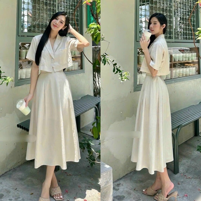 SET CHÂN VÁY DÀI SUÔNG TRƠN LƯNG CAO MIDI MAXI + ÁO SƠ MI CROPTOP BLAZER / VEST TAY NGẮN RETRO ĐI CHƠI DẠO PHỐ ĐI BIỂN ĐI LÀM