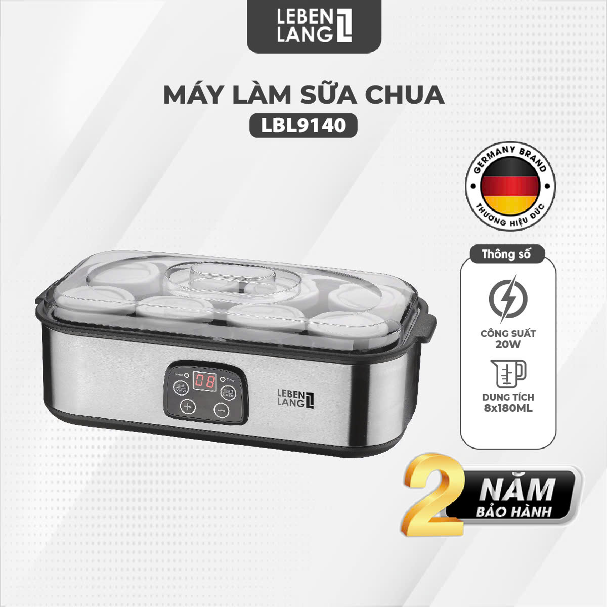 Máy Làm Sữa Chua Lebenlang LBL9140, 8 Hũ Thủy Tinh 180ml, Điều Chỉnh Nhiệt Độ & Thời Gian, 20W, Tự Ngắt, bảo hành 2 năm - hàng chính hãng
