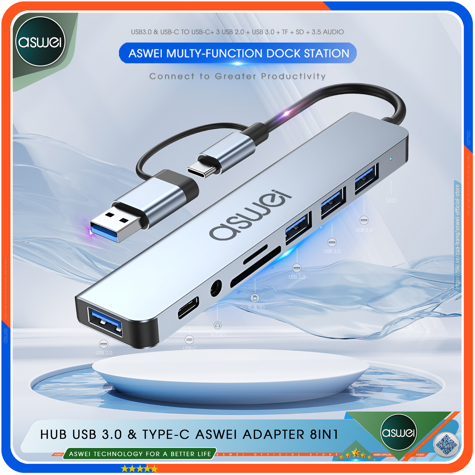 Hub USB 3.0 ASWEI 8 in 1 - Bộ Chia USB Tốc Độ Cao 8 Trong 1 - Hub Chuyển Đổi USB Type-C Dành Cho Macbook, Laptop, PC, Máy Tính Bảng, Điện Thoại - Hàng Chính Hãng