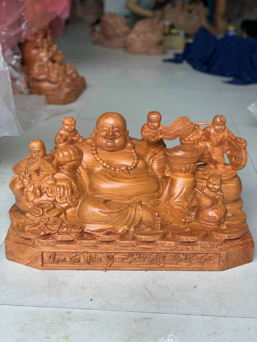 Tượng phật di lặc ngũ phúc bằng gỗ hương đá liền khối  kt 60×30×30cm