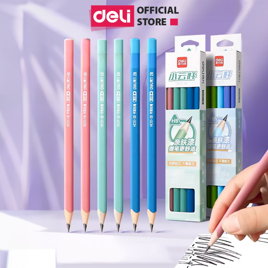Hộp 10 Bút Chì 2B Paste Deli - Chì Đen Viết Mượt Dễ Tẩy Xóa Văn Phòng Học Sinh Tập Ghi Viết Vẽ Tranh Làm Bài Kiểm Tra