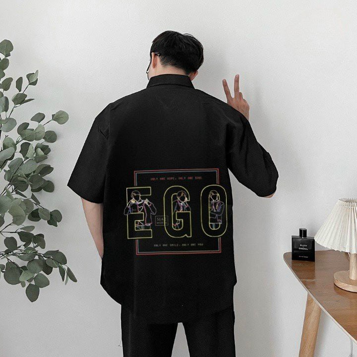 Áo sơ mi ngắn tay họa tiết EGO thời trang Hàn Quốc 2023 cho nam nữ