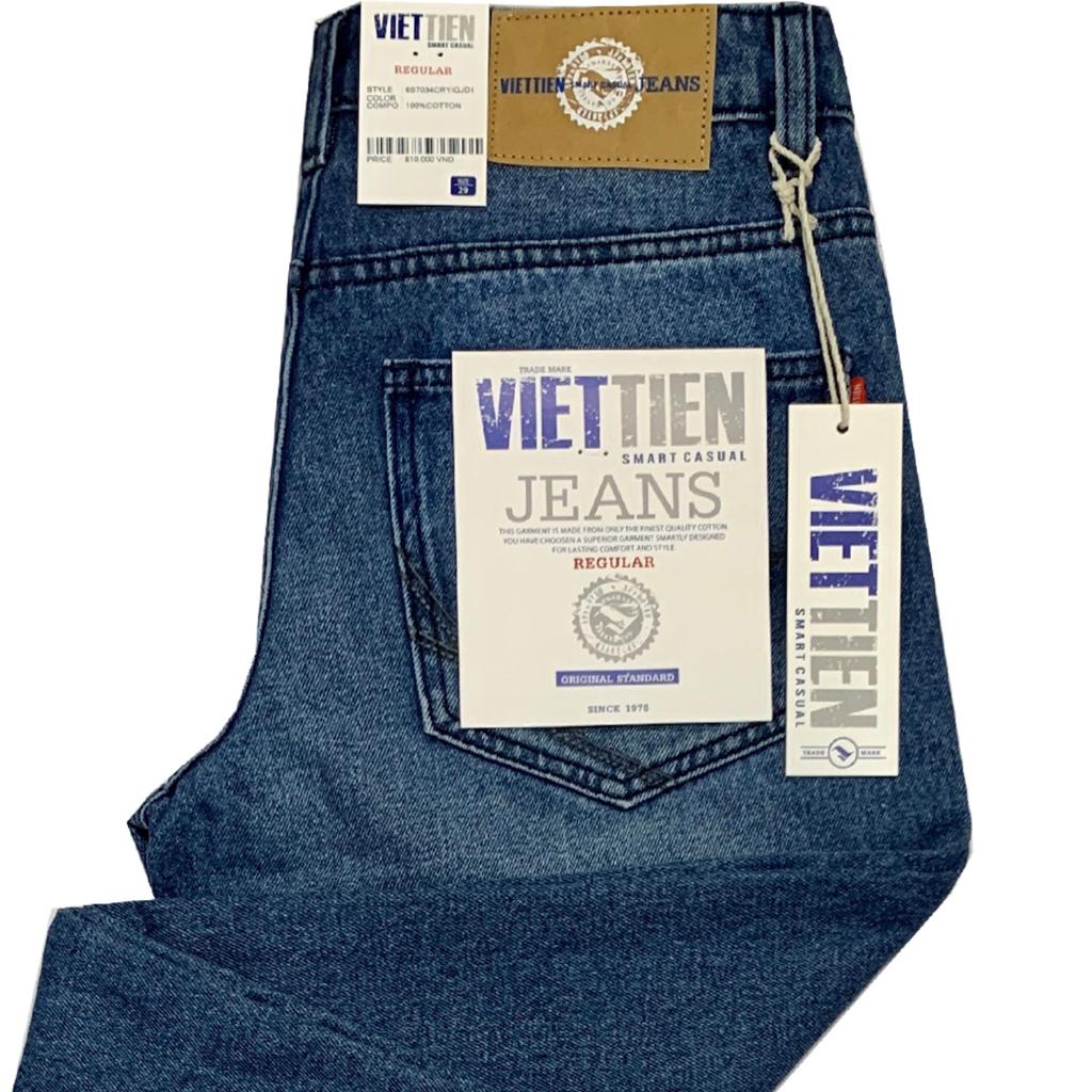 Viettien - Quần Jeans nam cao cấp dài Regular Màu Xanh 100% Cotton Không giãn 6S7034 - Xanh
