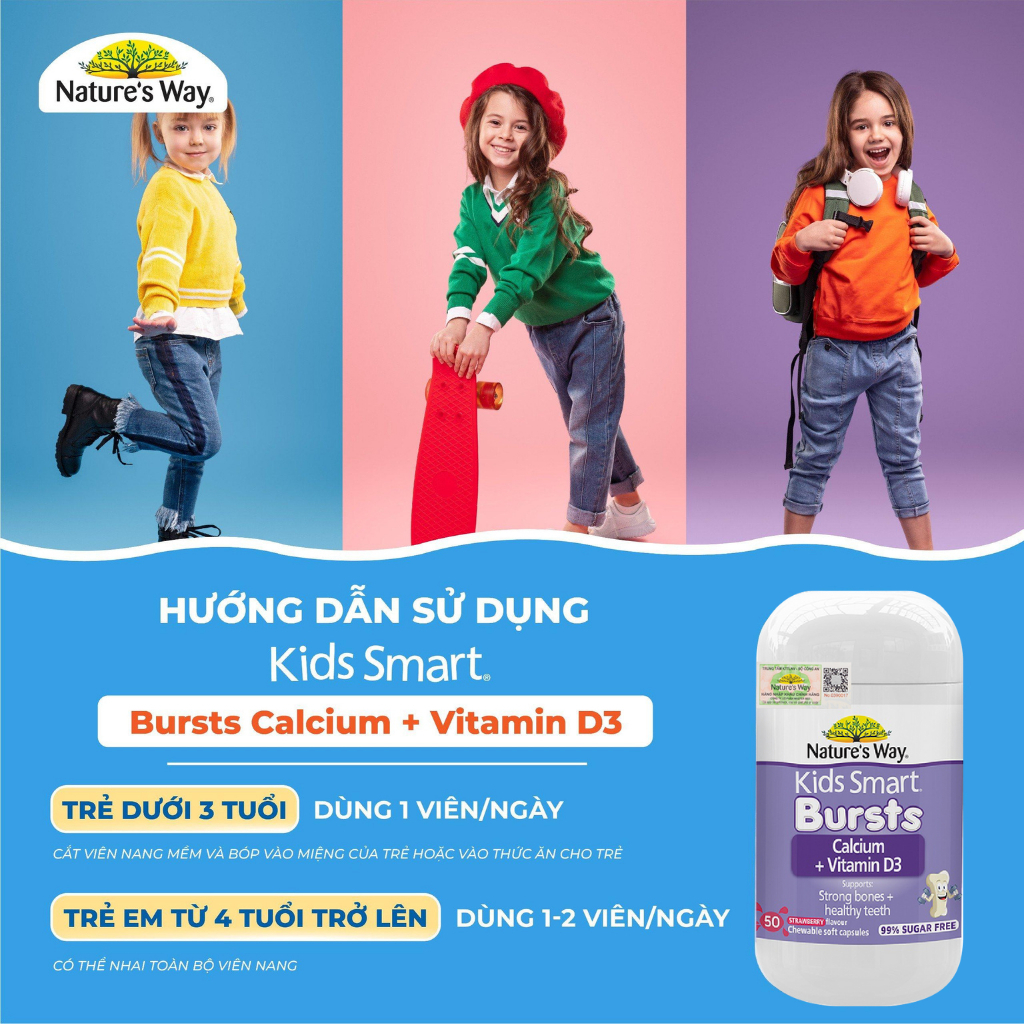 Viên Nhai Bổ Sung Canxi Cho Bé Kids Smart Bursts Calcium + Vitamin D3 Nature's Way (50 viên)