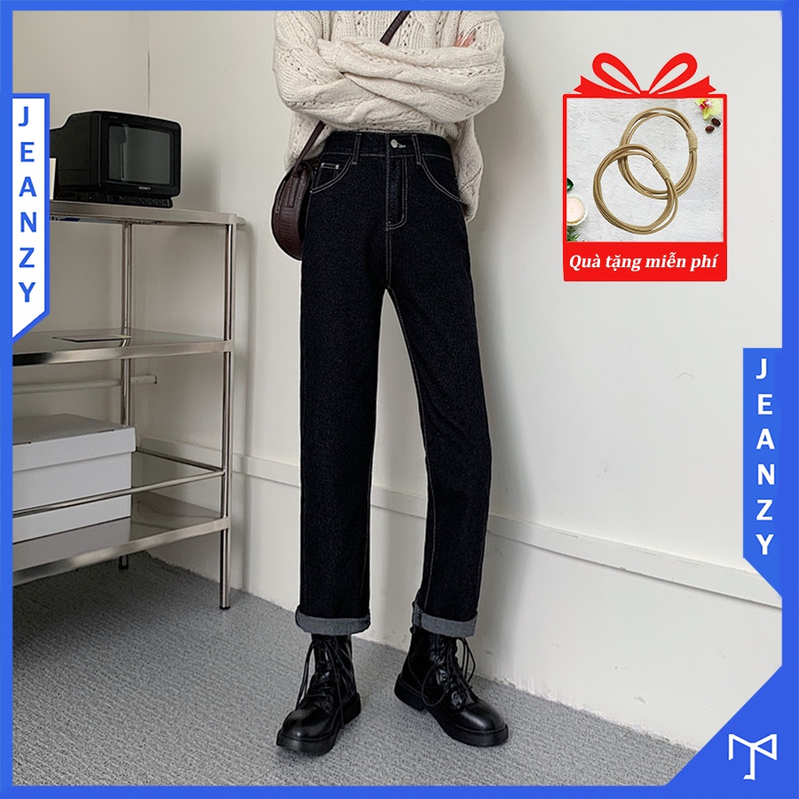 Quần jean chỉ nổi màu xanh tím than kiểu quần jean ống suông hot trend