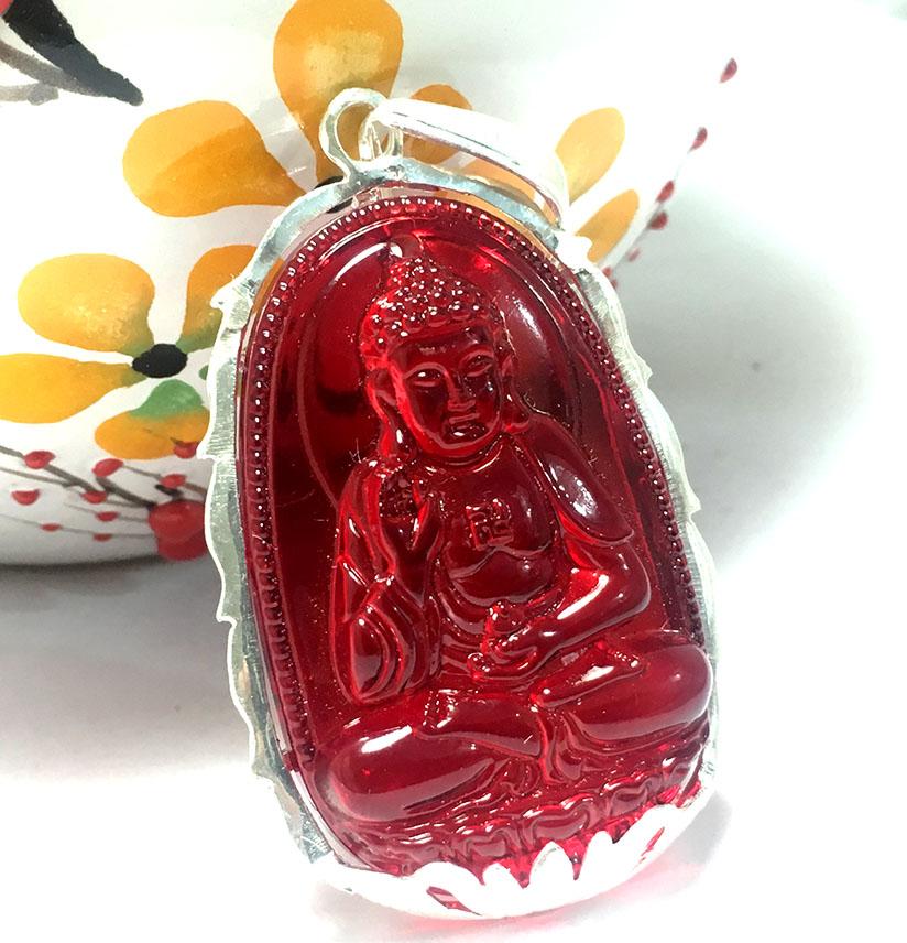 Mặt dây nam bản mệnh ngài ADIDA màu đỏ bọc đài sen bạc ta cao cấp cho người tuổi Tuất - Tuổi Hợi Bạc QTJ - MBM20