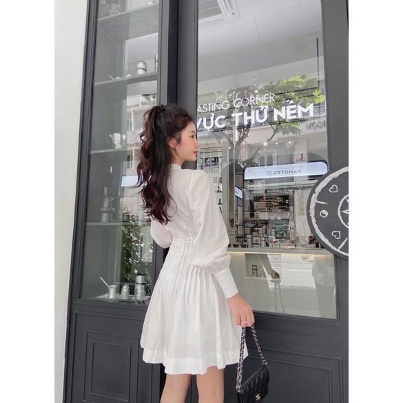 Đầm tay dài dập ly eo cài nút màu xanh bơ dạo phố xinh xắn
