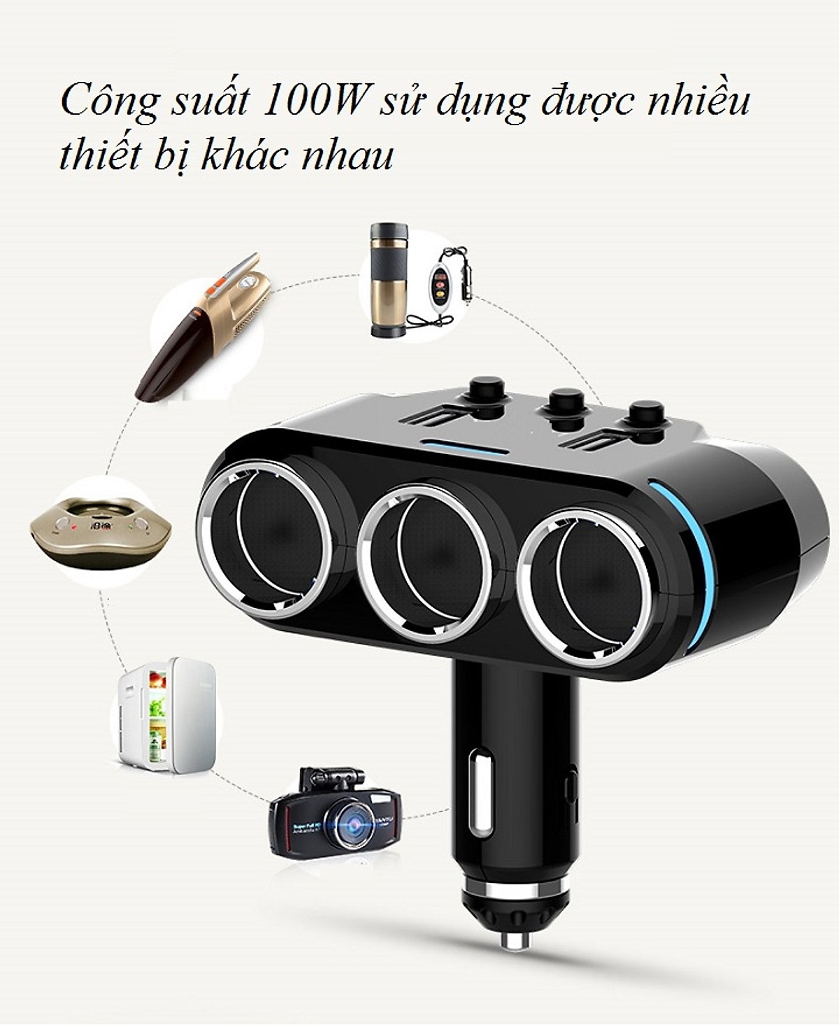 Bộ chia tẩu sạc đa năng trên xe hơi, ô tô BC39- CÔNG SUẤT 100W, 2 CỔNG USB